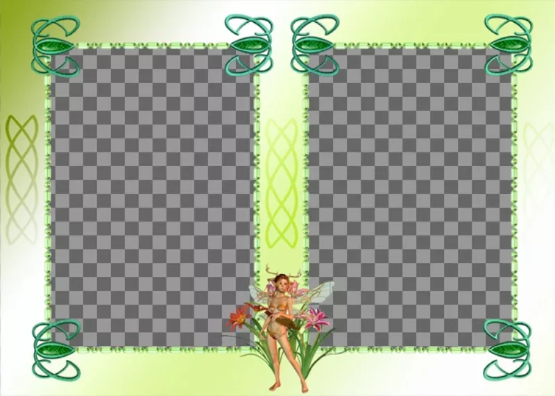 Cuadro con dos fotos, con hada de adorno y fondo..