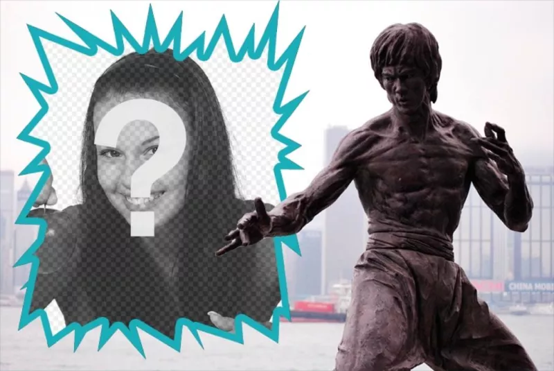 Collage con una estatua de Bruce Lee ..