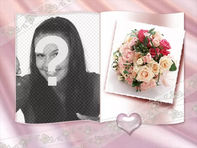 Marco fotográfico con forma de libro con corazoncito, y centro de rosas de..
