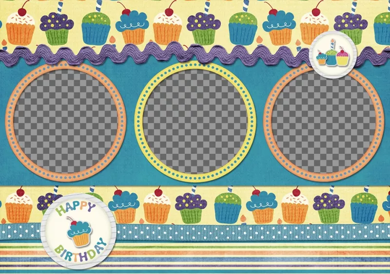 Postal de cumpleaños para 3 fotos con cupcakes ..