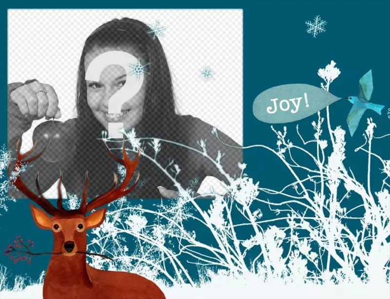 Marco para fotos navideño con un reno y copos de nieve ..