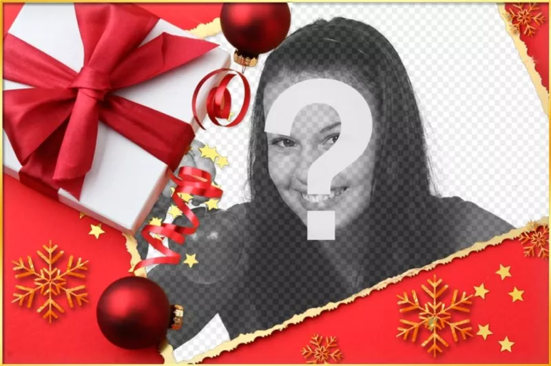 Postal de Navidad con un regalo y un lazo para poner tu foto al lado. ..