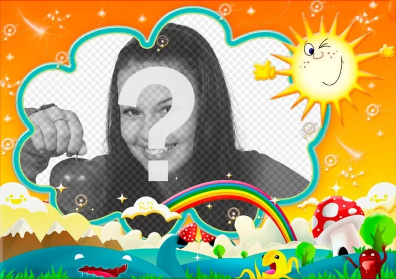 Fotomontaje para bebés con un colorido paisaje de fondo. ..