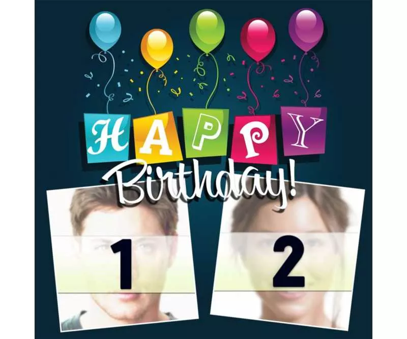 Tarjeta editable para dos fotos con globos y el texto colorido HAPPY BIRTHDAY ..