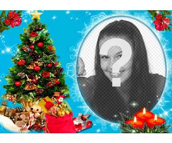 foto un marco circular lado un arbol navidad lleno regalos detras tres velas dibujadas fondo azul efectos brillo