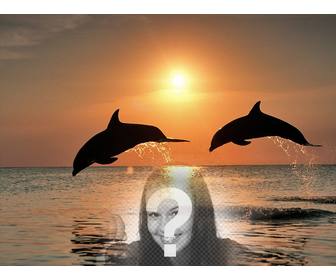 Collage online con tu foto y delfines saltando en el mar.