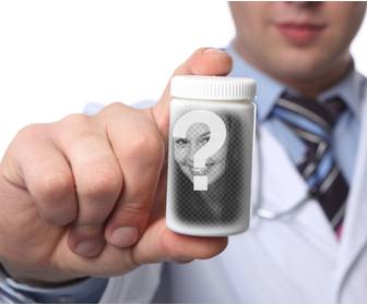 fotomontaje poner foto un bote pastillas sujetado un medico personalizar texto online