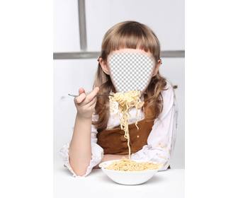 fotomontaje nina comiendo un plato spaghetti