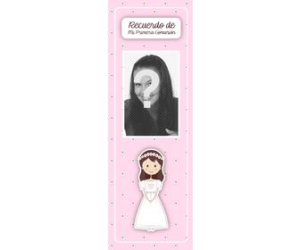 marca paginas personalizable recuerdo primera comunion color rosa ilustracion unica nina un vestido comunion blanco flores pelo