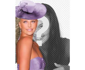 crea fotomontajes charlize theron lado vestida gala un vestido purpura un sombrero juego