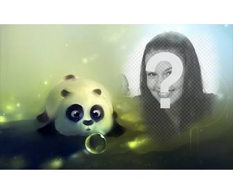 fotomontaje un oso panda dibujado soplando pompa jabon un hueco derecha poner foto