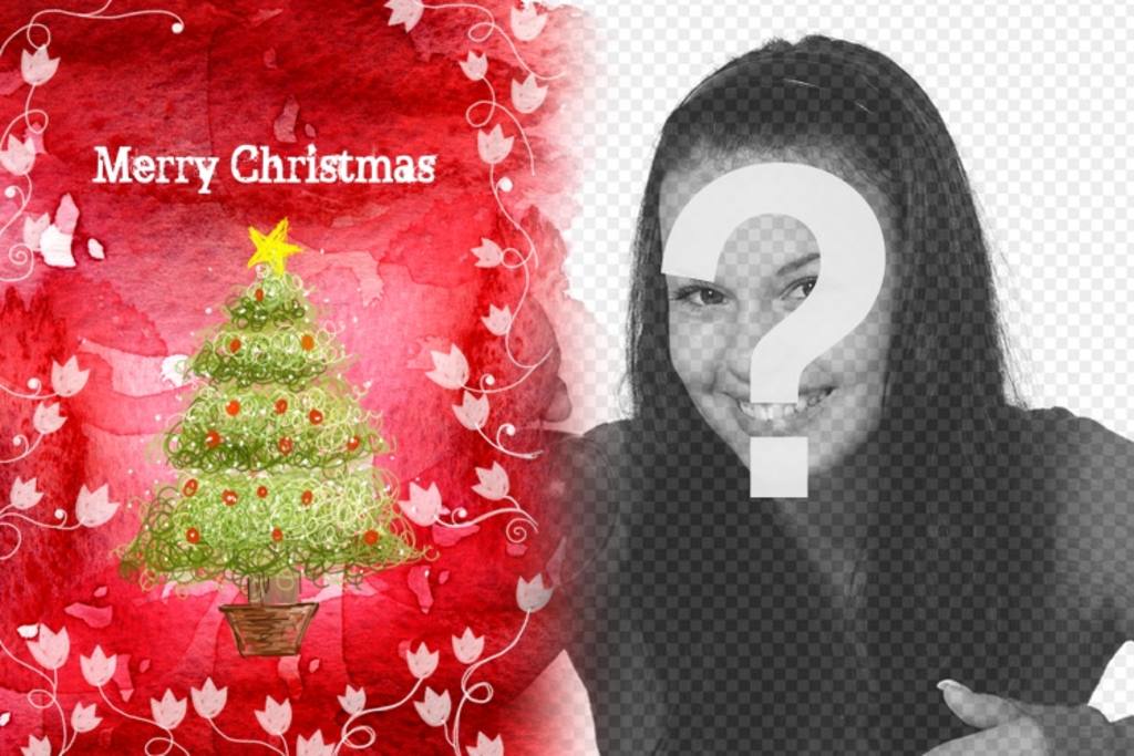 Felicita estas fiestas con este marco para fotos de fondo rojo en el que aparece un árbol de Navidad y enredaderas..