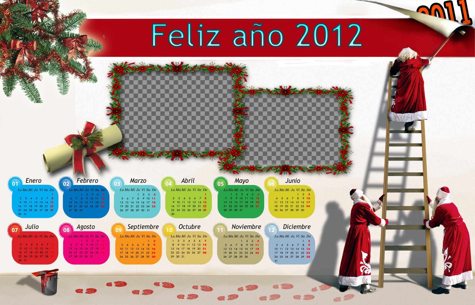 Calendario de 2012, con meses en colores y estilos navideños y santa..
