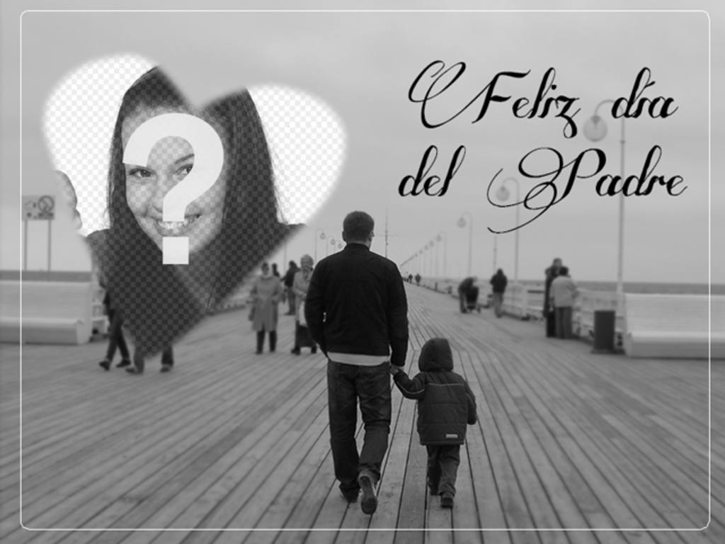 Postal para felicitar el día del padre con una foto en blanco y negro con un padre e hijo en un embarcadero y un corazón para poner tu..