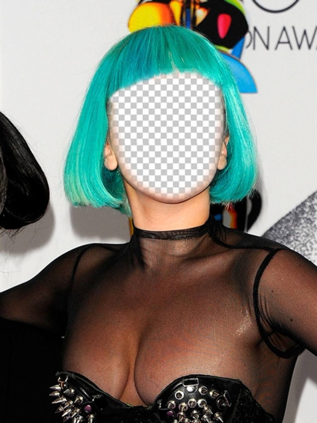 Fotomontaje de lady gaga con un peinado verde donde puedes poner tu cara ..