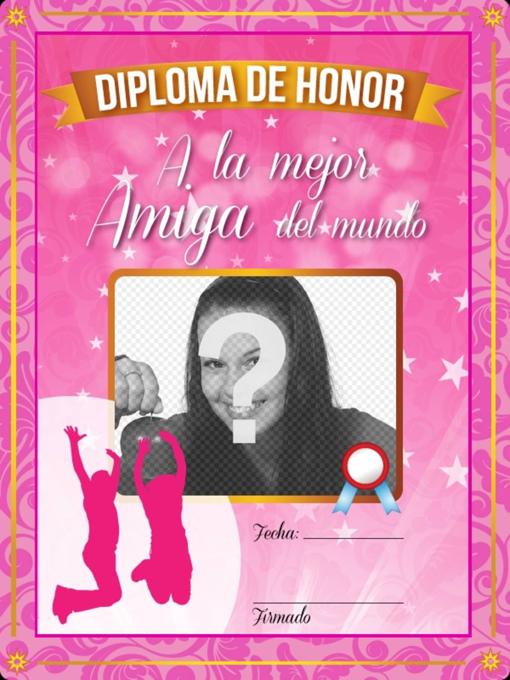 Diploma rosa a la mejor amiga del mundo con estrellas y destellos para poner una foto..