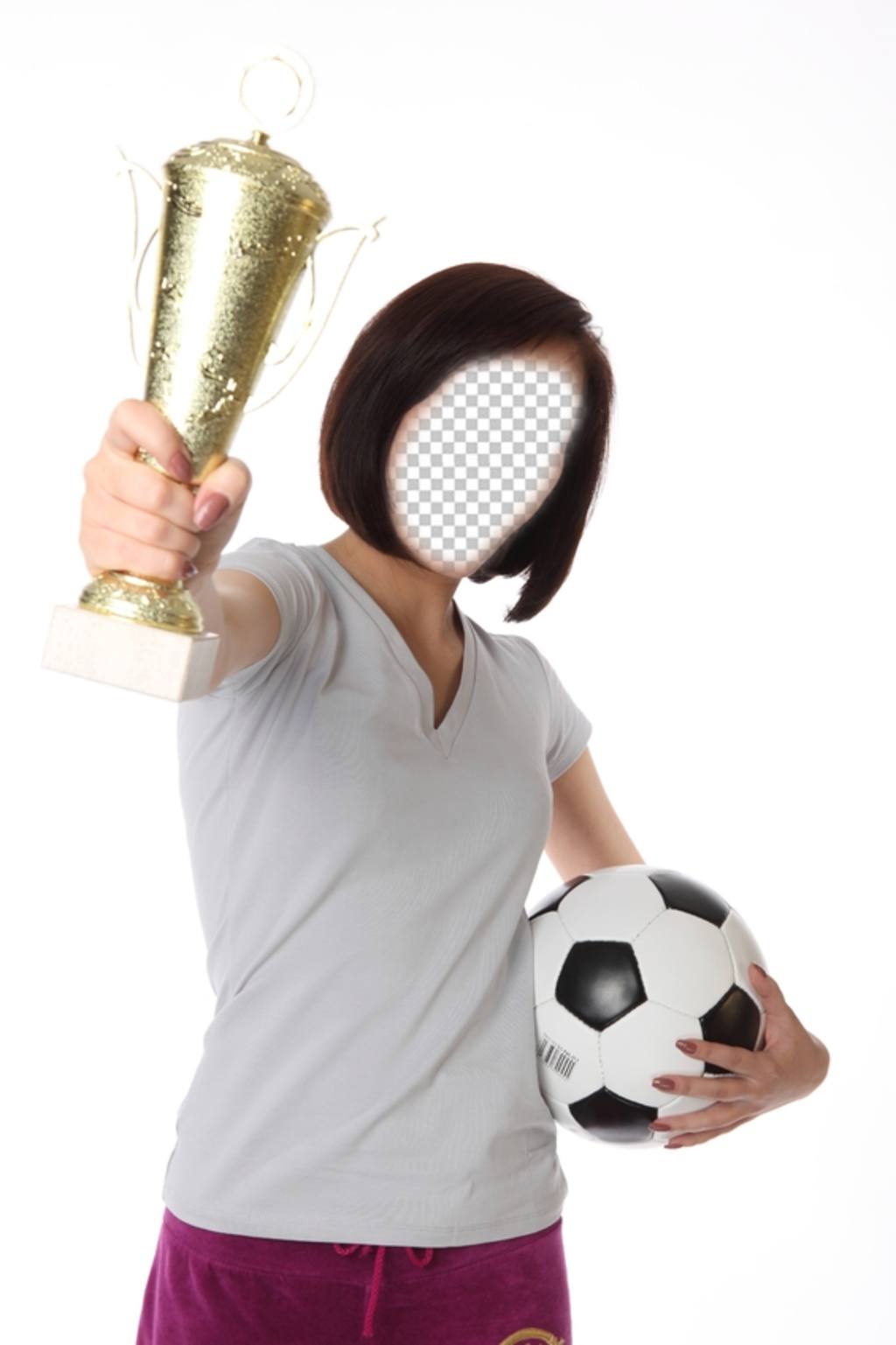 Fotomontaje con una chica futbolista sujetando un trofeo y un balón ..