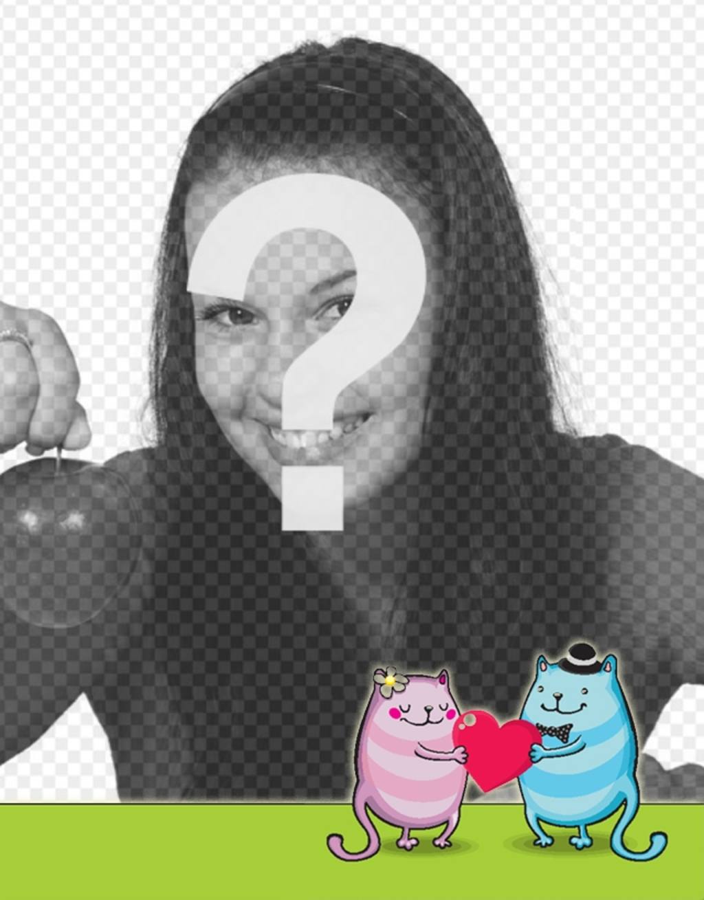 Crea una postal romántica online con unos gatitos enamorados dibujados sujetando un corazón..