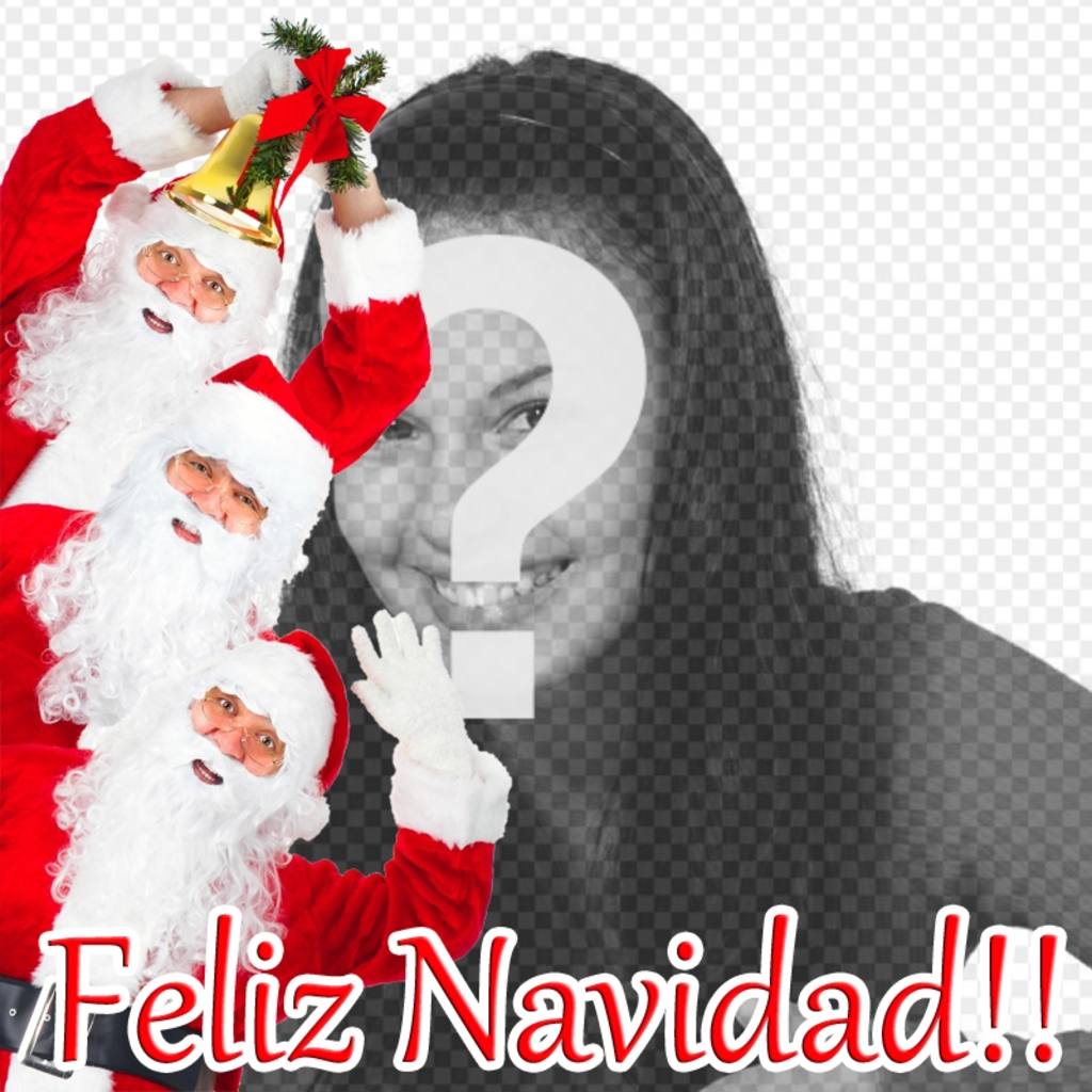 Postal para enviar en Navidad en la que puedes poner tu foto, con 3 Papa Noel que desean una Feliz..