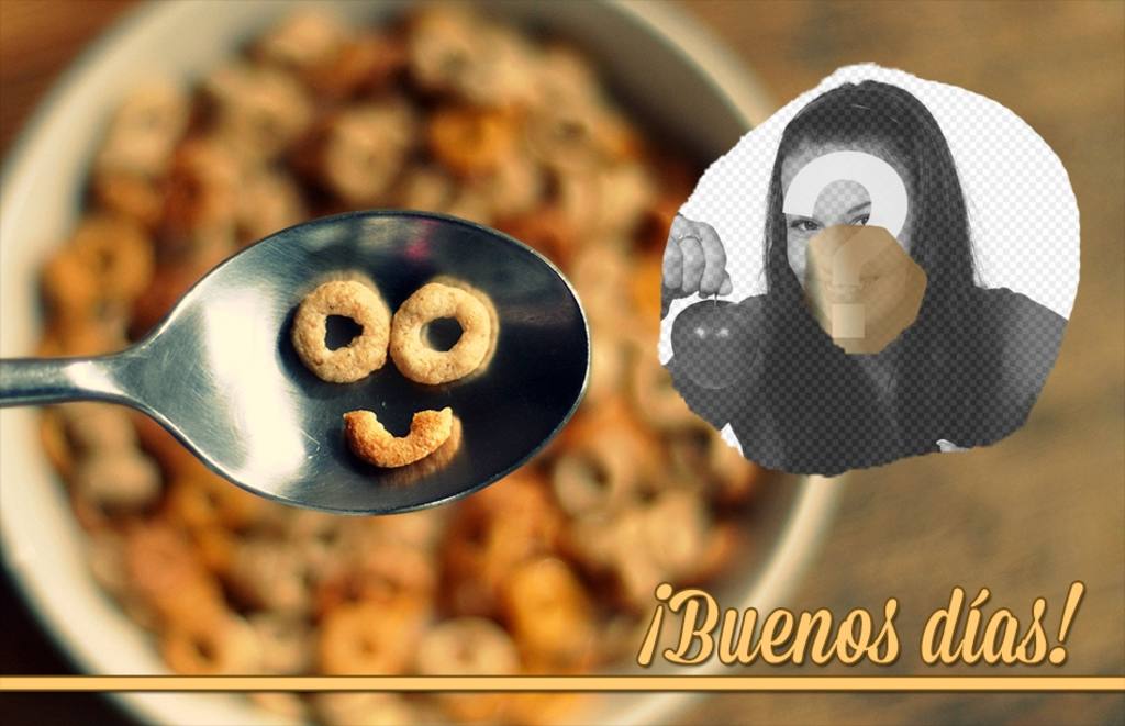 Collage de buenos días con cereales haciendo una cara sonriente. ..