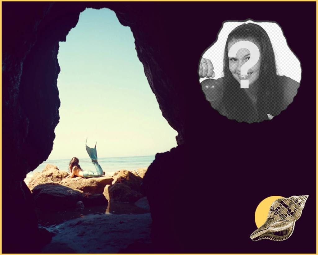 Collage con una sirena, una concha marina y una cueva misteriosa. ..