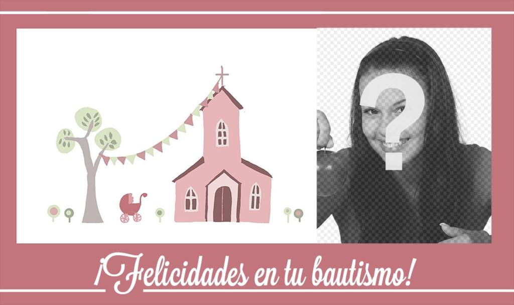 Felicitación de bautizo rosa con un dibujo de una iglesia y un carrito. ..