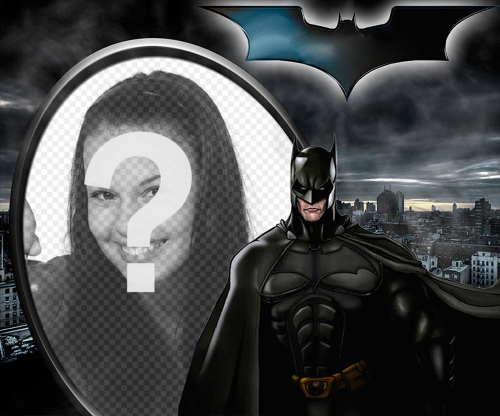 Marco de fotos ilustrado de Batman, el Caballero Oscuro, recortado contra Gotham. ..