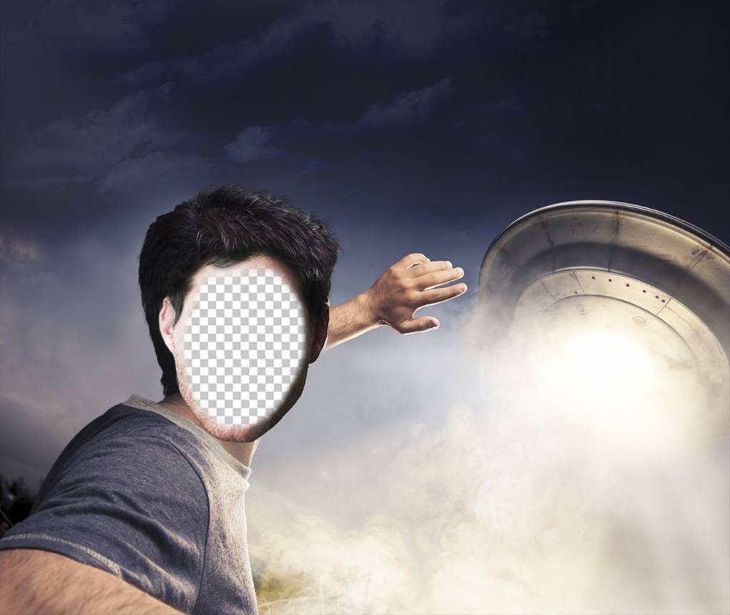 Fotomontaje de un hombre siendo capturado por una nave espacial ..