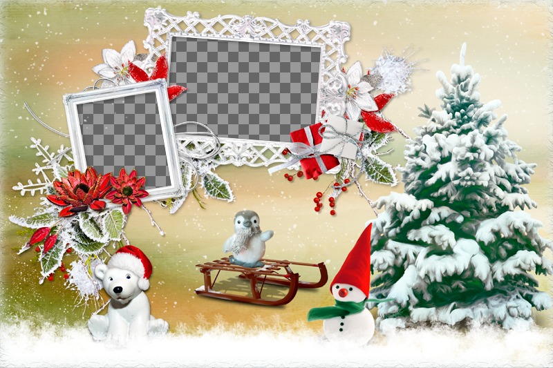 Collage de Navidad con dos marcos de fotos al lado de un árbol y varios animalitos. ..