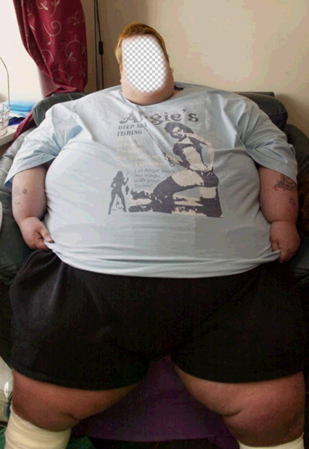 Montaje para poner la foto de tu elección en la cara de este hombre obeso. ..